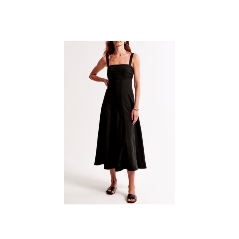 Abercrombie & Fitch Linen Black Blend Pleated Bodice Midi Dress XL Womens